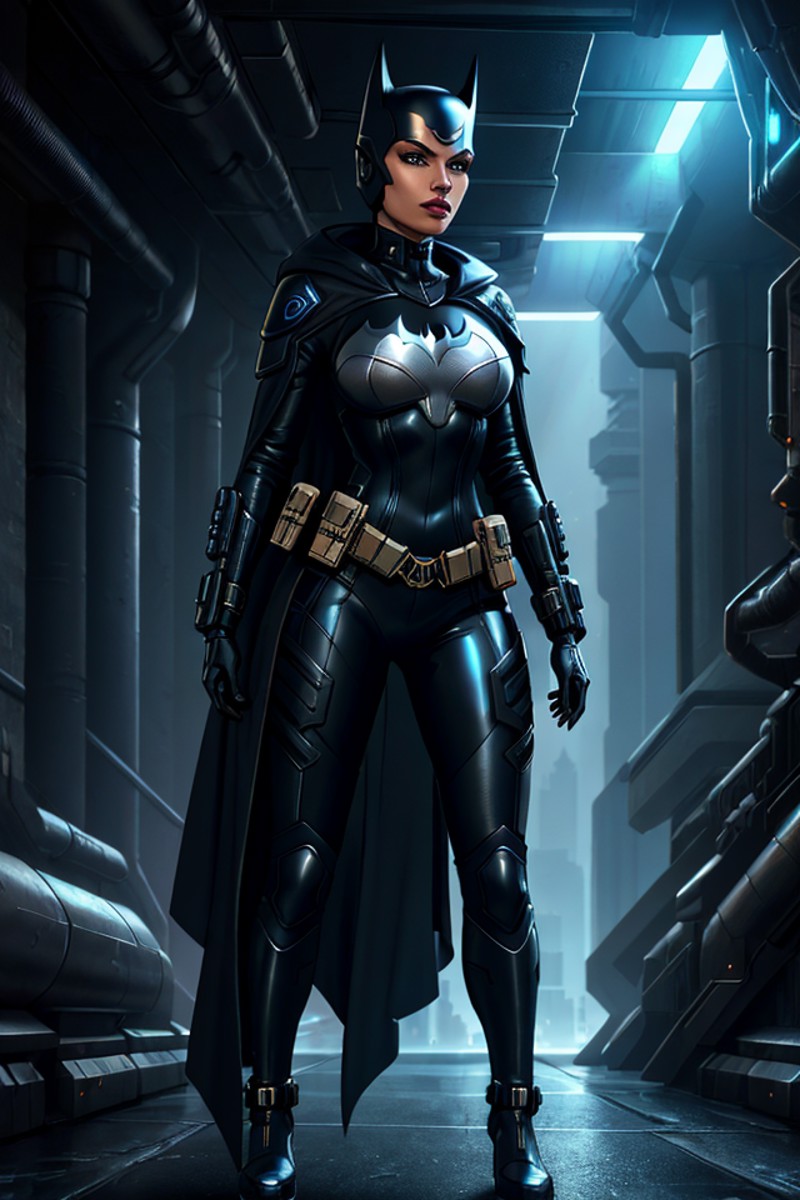 Techwear fashion Closeup fullbody portrait of female Batman, Steampunk Cave background, atmospheric scene, masterpiece, be...